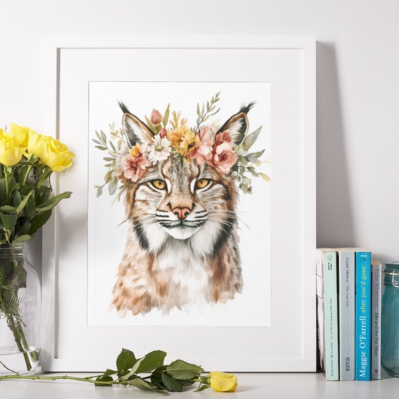 Watercolor Floral Lynx Portrait Wall Art Illustration Print Poster Unframed - Picture 9 of 9